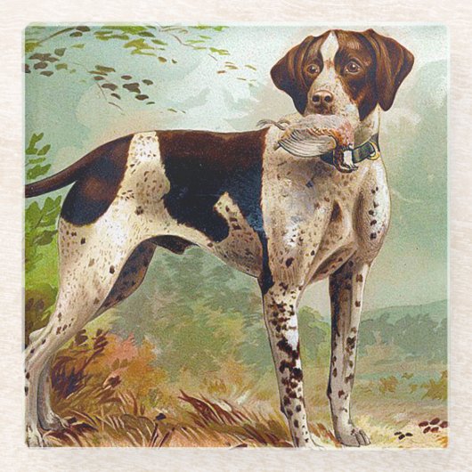 鳥を口に入れたハンター犬 ガラスコースター (正面)