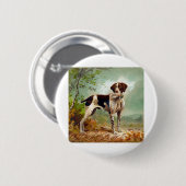 鳥を口に入れたハンター犬 缶バッジ (正面&裏面)