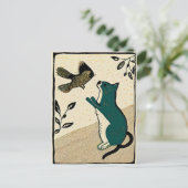 鳥を捕まえようとするリノカット猫 ポストカード (スタンド正面)