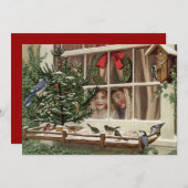 鳥を見るヴィンテージのクリスマスの子ども シーズンカード (正面/裏面)