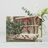 鳥を見るヴィンテージのクリスマスの子ども シーズンカード (スタンド正面)