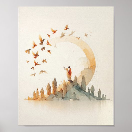 鳥を見る – 水彩イエスのクリスマスよだれかけ ポスター (正面)