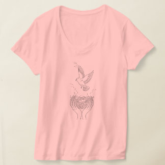 鳥エレガントと巣の線芸術の女性 Tシャツ
