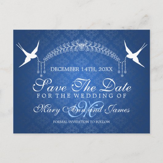 鳥エレガントのモノグラムブルーの日付を保存 案内ポストカード (正面)