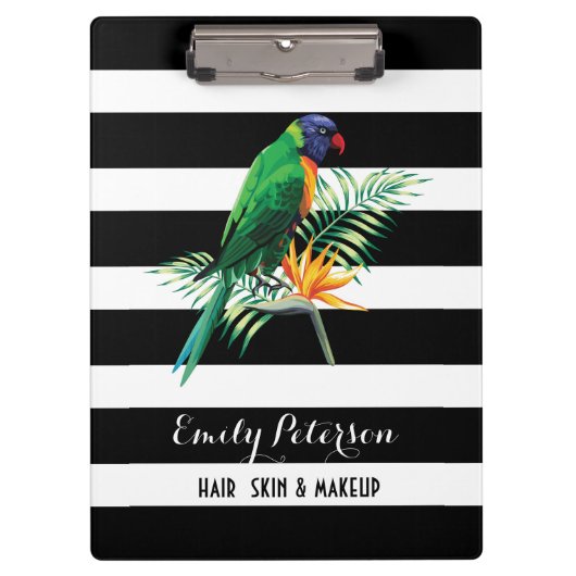 鳥エレガントストライプと草花を持つ白黒 クリップボード (正面)