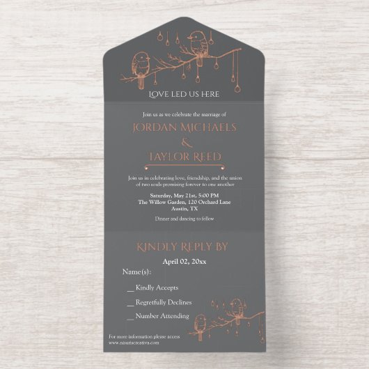 鳥エレガントバラホイル結婚ズLGBTQ フレンドリー オールインワン招待状 (内側)