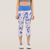 鳥オンさくらんぼ花ブルーオン赤面 カプリレギンス (正面)