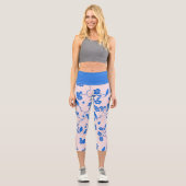 鳥オンさくらんぼ花ブルーオン赤面 カプリレギンス (正面)