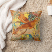 鳥オンブランチティール（緑がかった色）、オレンジ、イエロー装飾用クッション クッション (ブランケット)