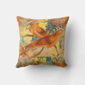 鳥オンブランチティール（緑がかった色）、オレンジ、イエロー装飾用クッション クッション (裏面)