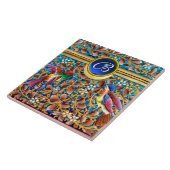 鳥カラフルとフローラがブルージェムモノグラムを渦巻く タイル (側面)