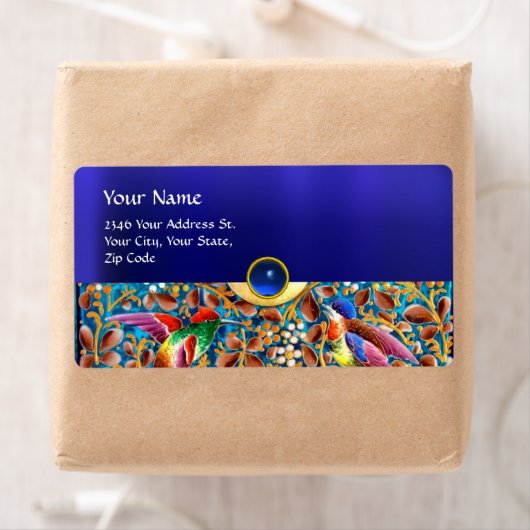 鳥カラフルとフローラがブルージェムモノグラムを渦巻く ラベル (インサイチュ)