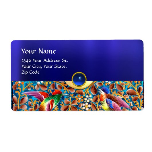 鳥カラフルとフローラがブルージェムモノグラムを渦巻く ラベル (正面)
