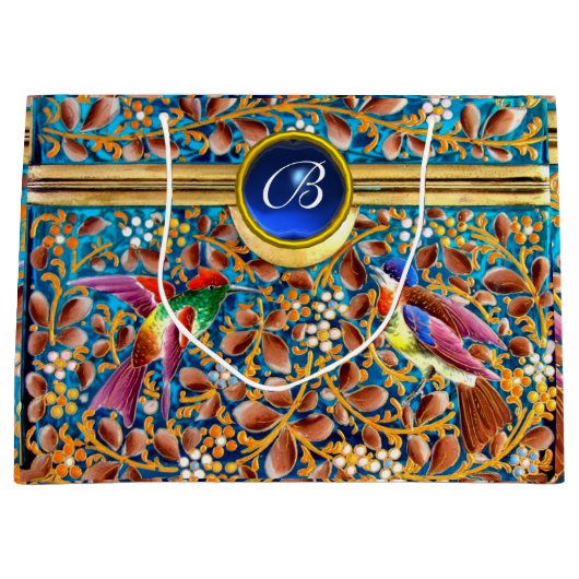 鳥カラフルとフローラがブルージェムモノグラムを渦巻く ラージペーパーバッグ (正面)