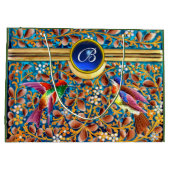 鳥カラフルとフローラがブルージェムモノグラムを渦巻く ラージペーパーバッグ (裏面)