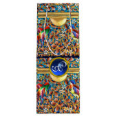 鳥カラフルとフローラがブルージェムモノグラムを渦巻く ワインギフトバッグ (裏面)