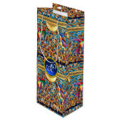 鳥カラフルとフローラがブルージェムモノグラムを渦巻く ワインギフトバッグ (正面アングル)