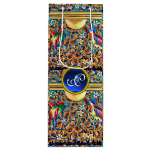 鳥カラフルとフローラがブルージェムモノグラムを渦巻く ワインギフトバッグ