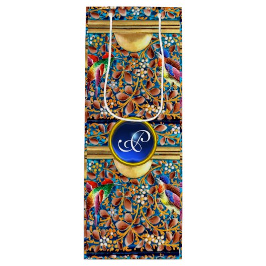 鳥カラフルとフローラがブルージェムモノグラムを渦巻く ワインギフトバッグ (正面)