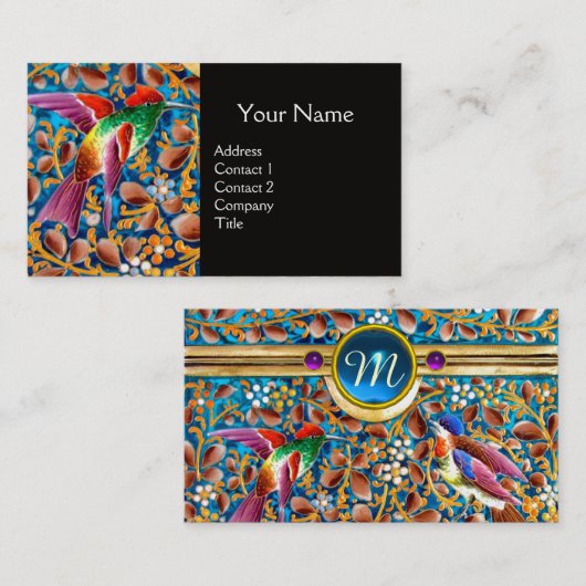 鳥カラフルとフローラがブルージェムモノグラムを渦巻く 名刺 (正面/裏面)