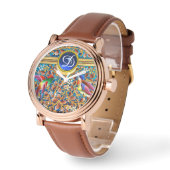 鳥カラフルとフローラがブルージェムモノグラムを渦巻く 腕時計 (傾斜)