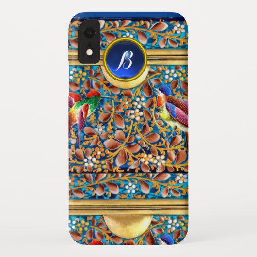 鳥カラフルとフローラがブルージェムモノグラムを渦巻く Case-Mate iPhoneケース (裏面)