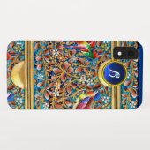 鳥カラフルとフローラがブルージェムモノグラムを渦巻く Case-Mate iPhoneケース (裏面(横))