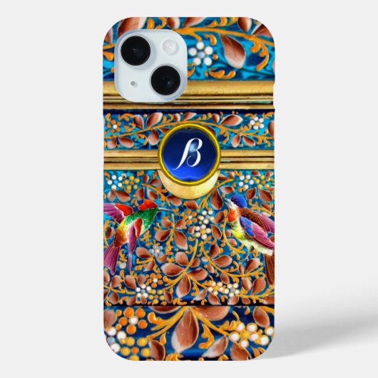 鳥カラフルとフローラがブルージェムモノグラムを渦巻く Case-Mate iPhoneケース (裏面)