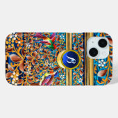 鳥カラフルとフローラがブルージェムモノグラムを渦巻く Case-Mate iPhoneケース (裏面 (横))