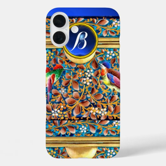 鳥カラフルとフローラがブルージェムモノグラムを渦巻く Case-Mate iPhoneケース (裏面)