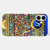 鳥カラフルとフローラがブルージェムモノグラムを渦巻く Case-Mate iPhoneケース (裏面 (横))