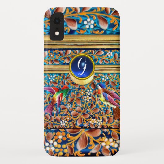 鳥カラフルとフローラがブルージェムモノグラムを渦巻く Case-Mate iPhoneケース (裏面)