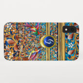 鳥カラフルとフローラがブルージェムモノグラムを渦巻く Case-Mate iPhoneケース (裏面(横))