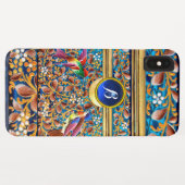 鳥カラフルとフローラがブルージェムモノグラムを渦巻く Case-Mate iPhoneケース (裏面(横))