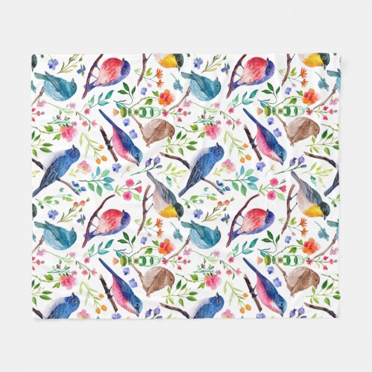 鳥カラフルと花お洒落の模様 フリースブランケット (正面(横))