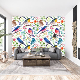 鳥カラフルと花お洒落の模様 壁紙