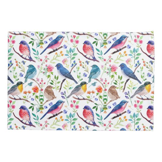 鳥カラフルと花お洒落の模様 枕カバー (裏面)