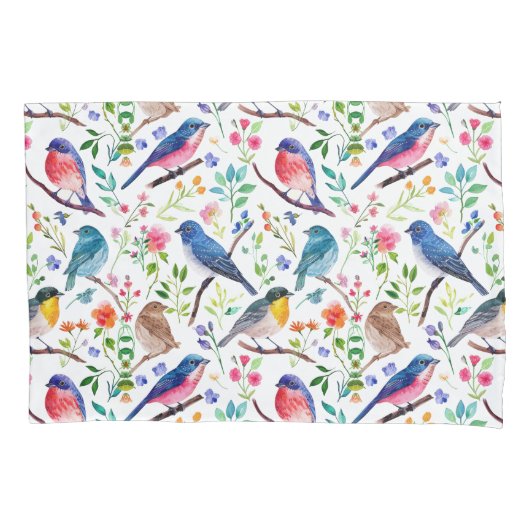 鳥カラフルと花お洒落の模様 枕カバー (正面)