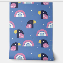 鳥カラフルと虹の模様（青） 壁紙