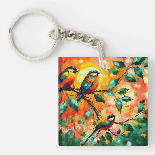 鳥カラフルの枝夏期 キーホルダー (正面)