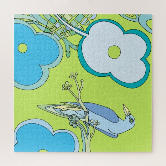 鳥カラフルの花と木のイラストレーション ジグソーパズル (横)