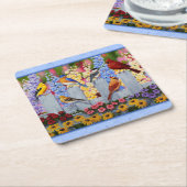 鳥カラフルの花園ブルー スクエアペーパーコースター (アングル)