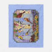 鳥カラフルの花園ブルー フリースブランケット (正面)