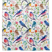 鳥カラフルの花模様 シャワーカーテン (正面)
