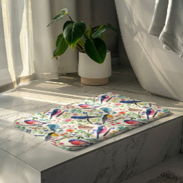 鳥カラフルの花模様 バスマット