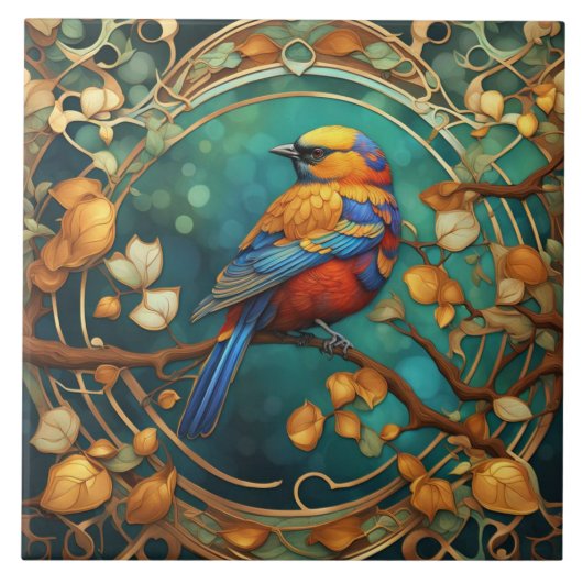 鳥カラフルアールヌーボーのアールデコ数々の色 タイル (正面)