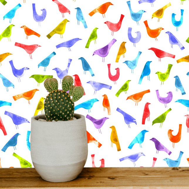鳥カラフル水彩画 壁紙 (Bright rainbow hued bird pattern wallpaper)