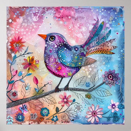 鳥カラフル混合メディアポスター ポスター (正面)