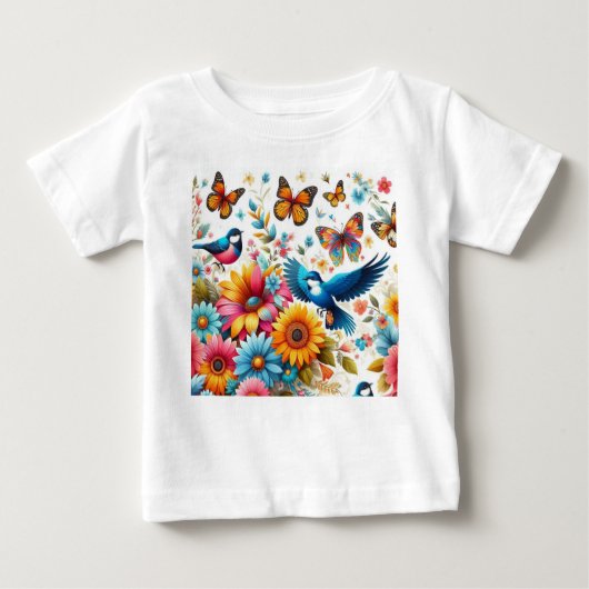 鳥カラフル蝶の花テンプレートかわいい ベビーTシャツ (正面)