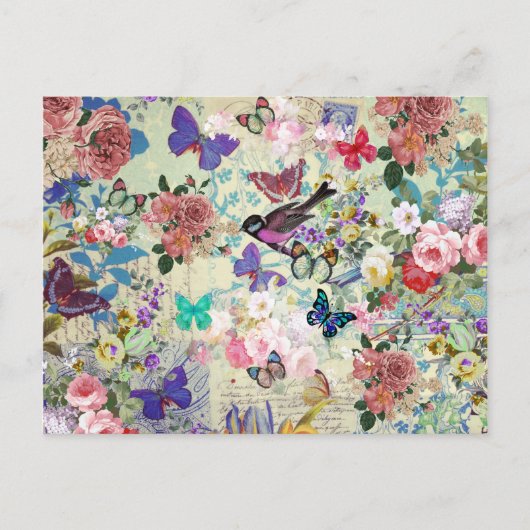 鳥カラフル蝶ヴィンテージ花模様 ポストカード (正面)